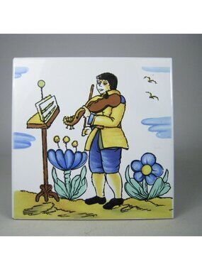 Violin Hand-Painted Ceramic Tile Musician Floral Design Spain 6 inch String